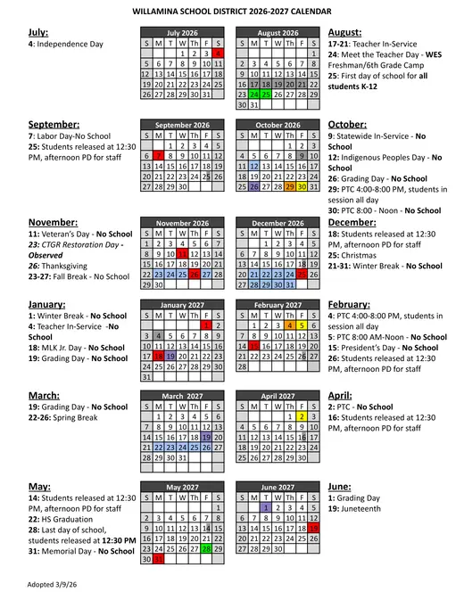 Willamina School District 2026–2027 Academic Calendar