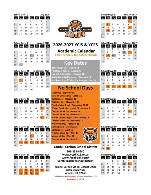 Yamhill Carlton School District YCES-YCISS 2026–2027 Academic Calendar
