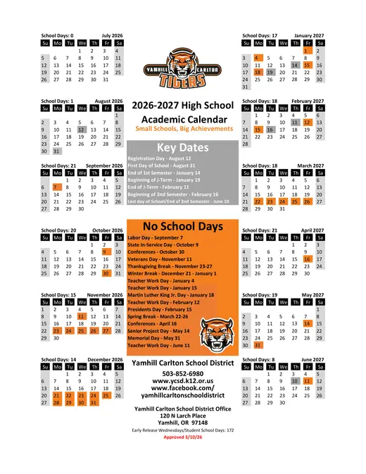 Yamhill Carlton School District 2026–2027 Academic Calendar