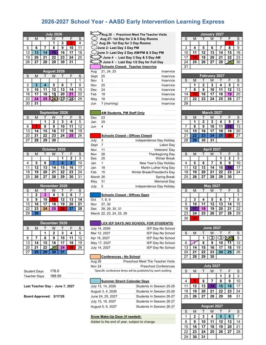 Aasd Early Intervention Learning Express 2026–2027 Academic Calendar Page 1