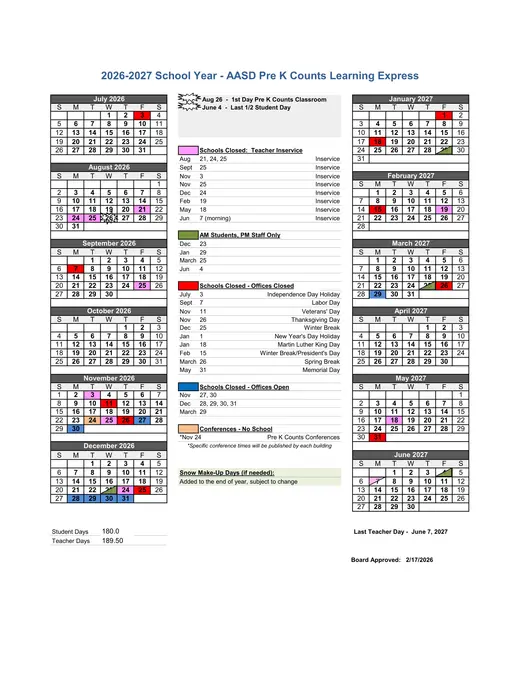 Aasd Pre K Counts Learning Express 2026–2027 Academic Calendar Page 1