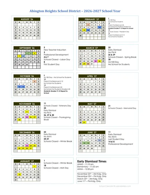 Abington Heights School District 2026–2027 Academic Calendar Page 1