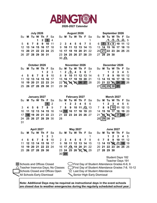 Abington School District 2026–2027 Academic Calendar