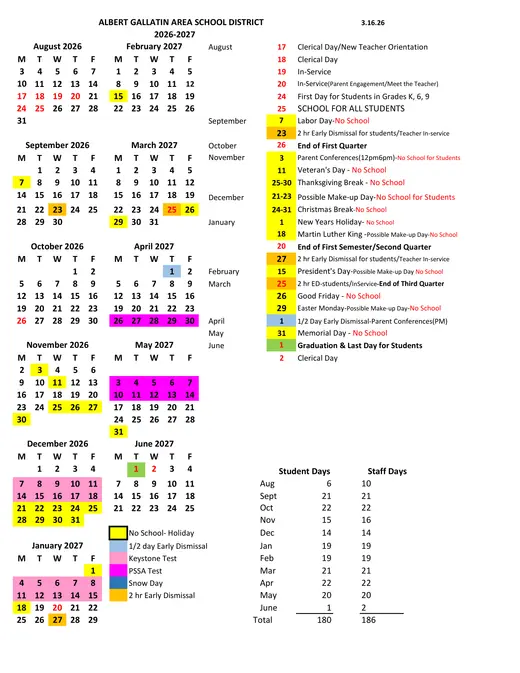 Albert Gallatin Area School District 2026–2027 Academic Calendar Page 1