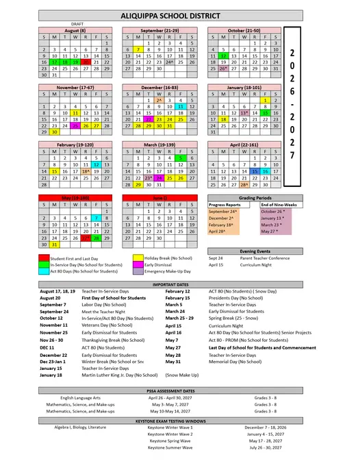 Aliquippa School District 2026–2027 Academic Calendar Page 1