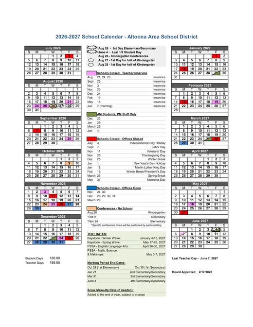 Altoona Area School District 2026–2027 Academic Calendar Page 1
