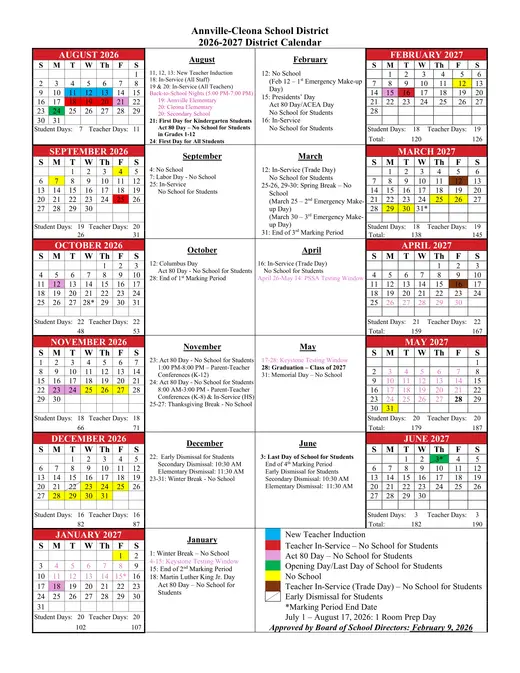 Annville-Cleona School District 2026–2027 Academic Calendar