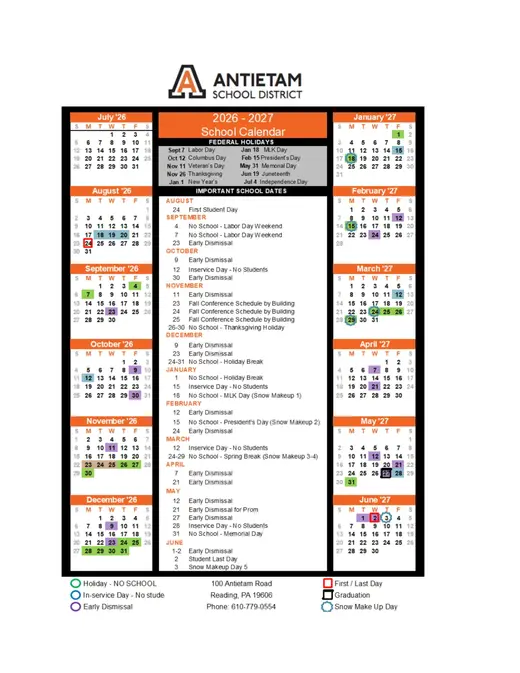 Antietam School District 2026–2027 Academic Calendar Page 1