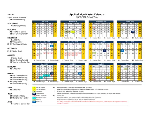 Apollo-Ridge Master 2026–2027 Academic Calendar