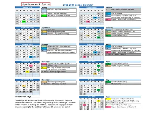 Armstrong School District 2026–2027 Academic Calendar