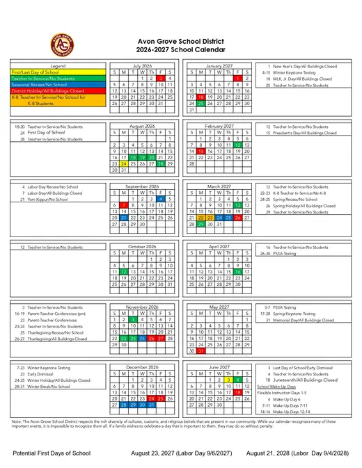 Avon Grove School District 2026–2027 Academic Calendar
