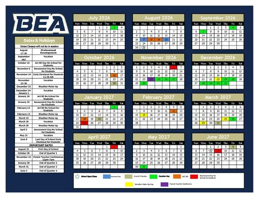 Bald Eagle Area School District BEA 2026–2027 Academic Calendar Page 1