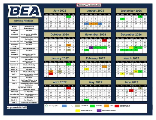 Bald Eagle Area School District 2026–2027 Academic Calendar Page 1