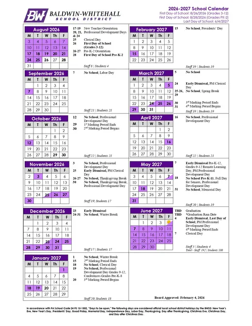 Baldwin-Whitehall School District 2026–2027 Academic Calendar