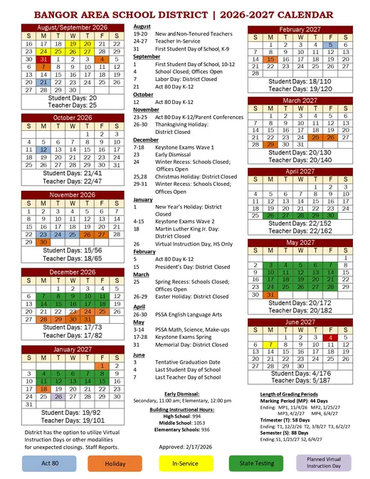Bangor Area School District 2026–2027 Academic Calendar Page 1