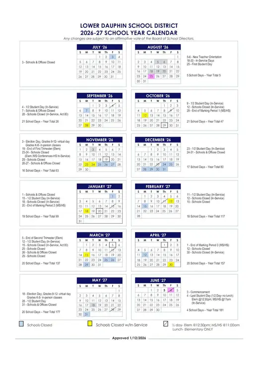Bangor Area School District 2026–2027 Academic Calendar Page 2