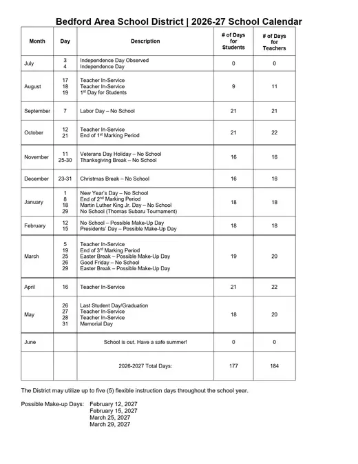 Bedford Area School District 2026–2027 Academic Calendar Page 2