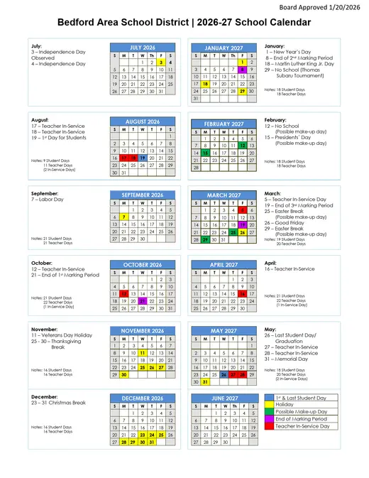 Bedford Area School District 2026–2027 Academic Calendar Page 1