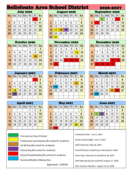 Bellefonte Area School District 2026–2027 Academic Calendar Page 1