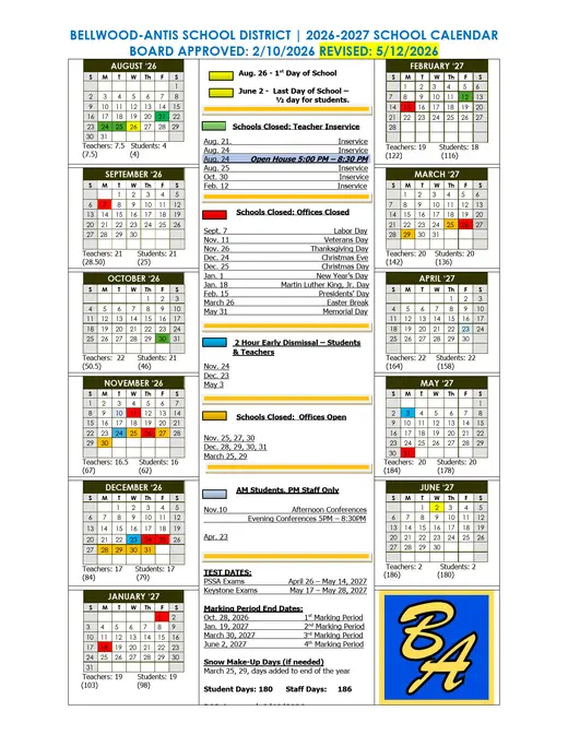 Bellwood-Antis School District 2026–2027 Academic Calendar Page 1
