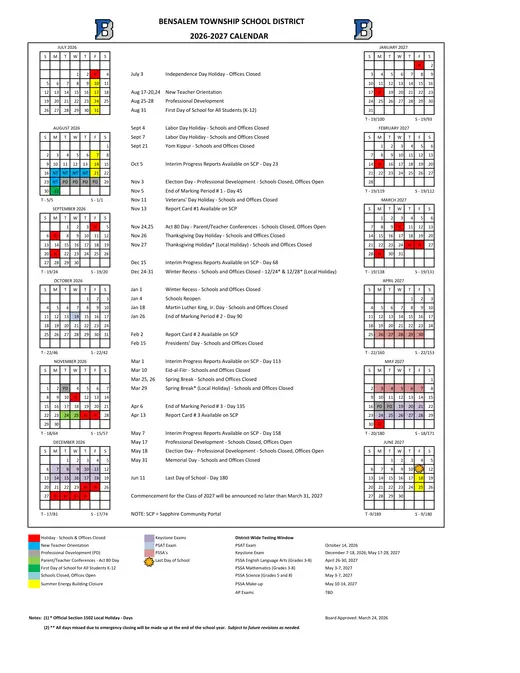 Bensalem Township School District 2026–2027 Academic Calendar Page 1