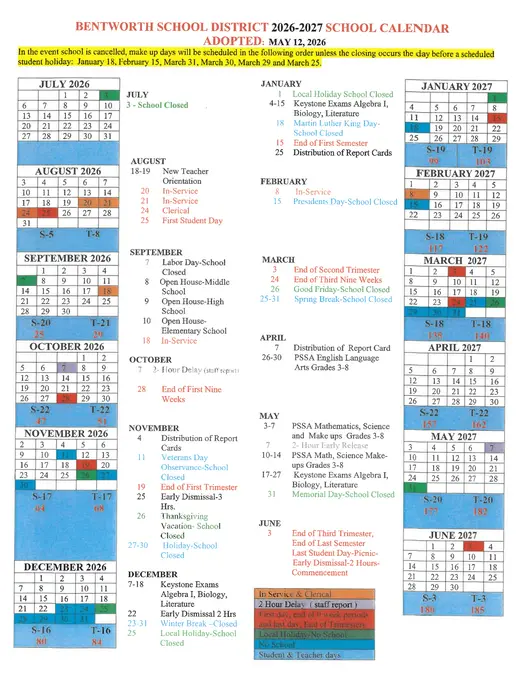 Bentworth School District 2026–2027 Academic Calendar