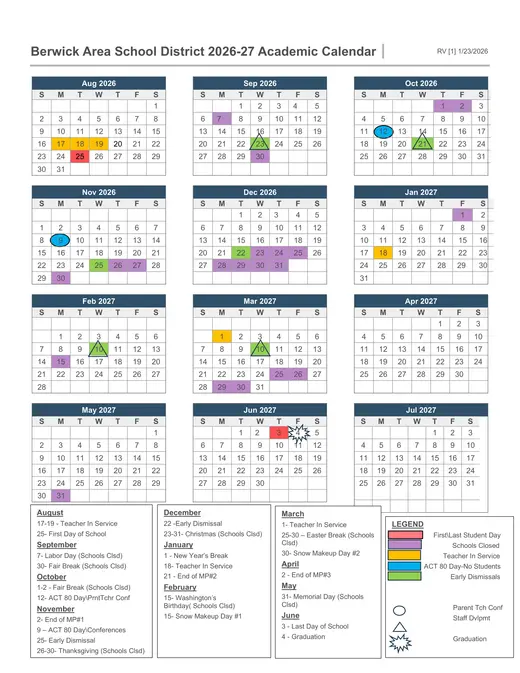 Berwick Area School District 2026–2027 Academic Calendar Page 1