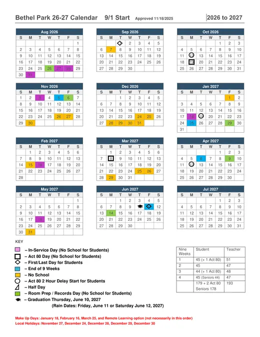 Bethel Park 2026–2027 Academic Calendar Page 1