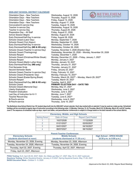 Bethlehem Area School District 2026–2027 Academic Calendar Page 1