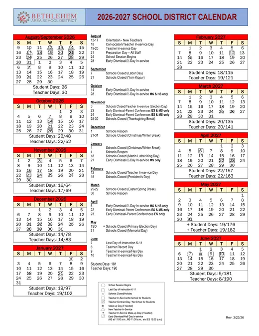 Bethlehem Area School District 2026–2027 Academic Calendar Page 2