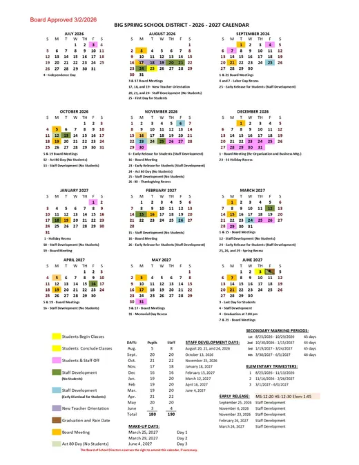 Big Spring School District 2026–2027 Academic Calendar