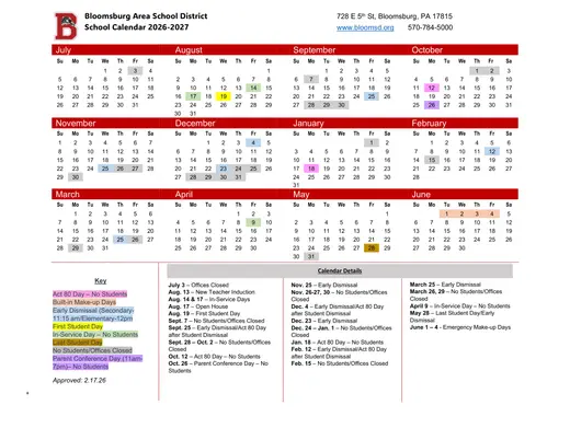 Bloomsburg Area School District 2026–2027 Academic Calendar