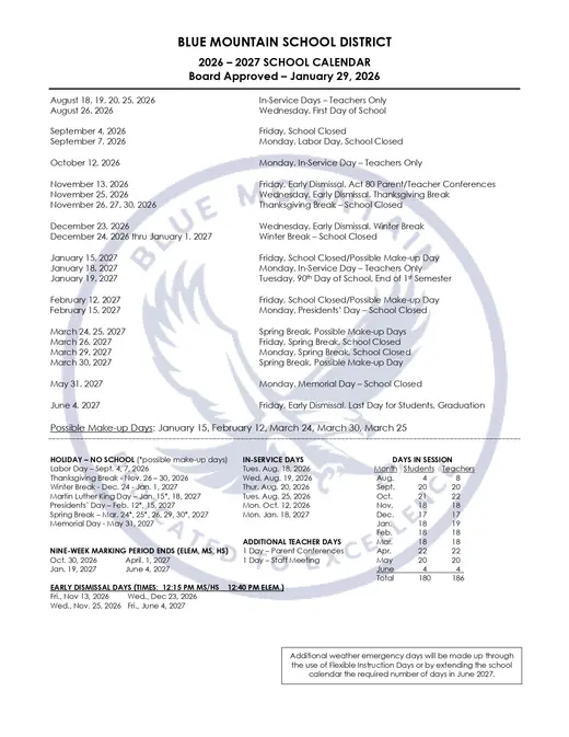 Blue Mountain School District 2026–2027 Academic Calendar