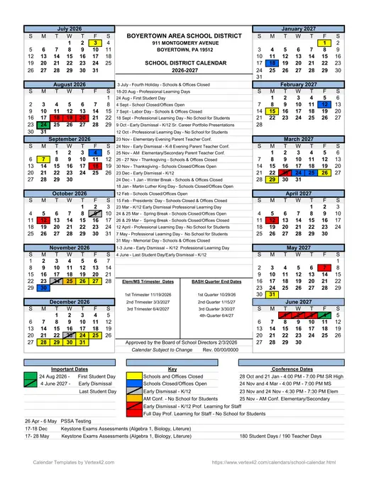 Boyertown Area School District 2026–2027 Academic Calendar