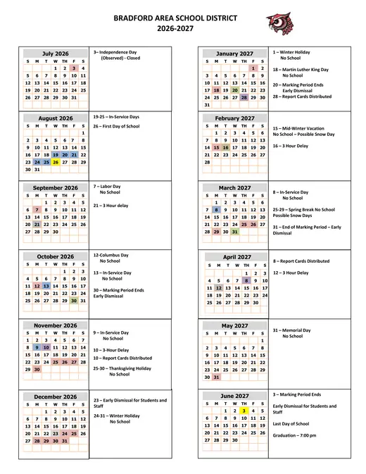 Bradford Area School District 2026–2027 Academic Calendar Page 1