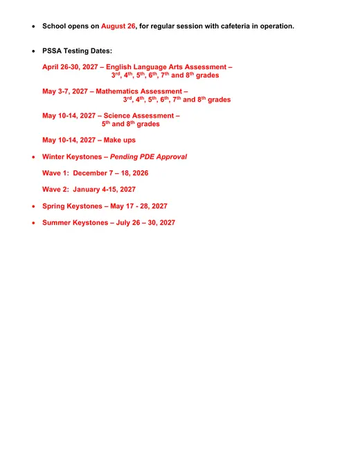 Bradford Area School District 2026–2027 Academic Calendar Page 2
