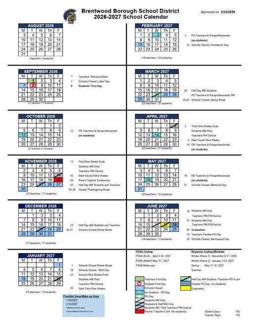 Brentwood Borough School District 2026–2027 Academic Calendar Page 1