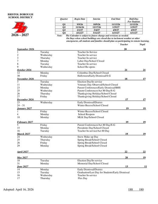 Bristol Borough School District 2026–2027 Academic Calendar