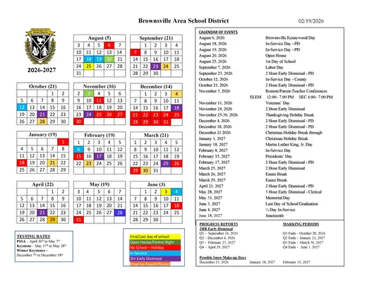 Brownsville Area School District 2026–2027 Academic Calendar