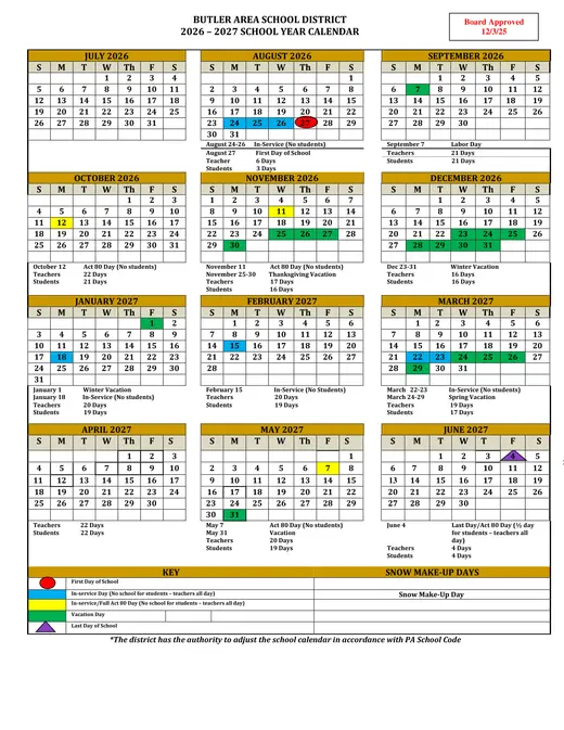 Butler Area School District 2026–2027 Academic Calendar