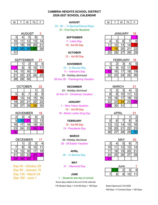 Cambria Heights School District 2026–2027 Academic Calendar