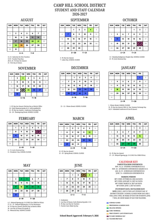 Camp Hill School District 2026–2027 Academic Calendar