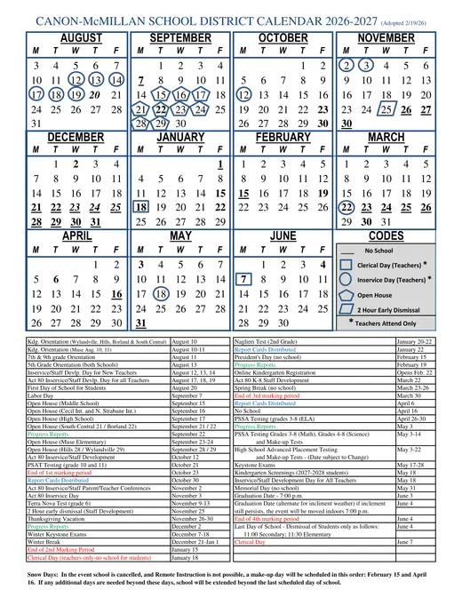 Canon-McMillan School District 2026–2027 Academic Calendar