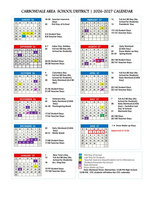 Carbondale Area School District 2026–2027 Academic Calendar