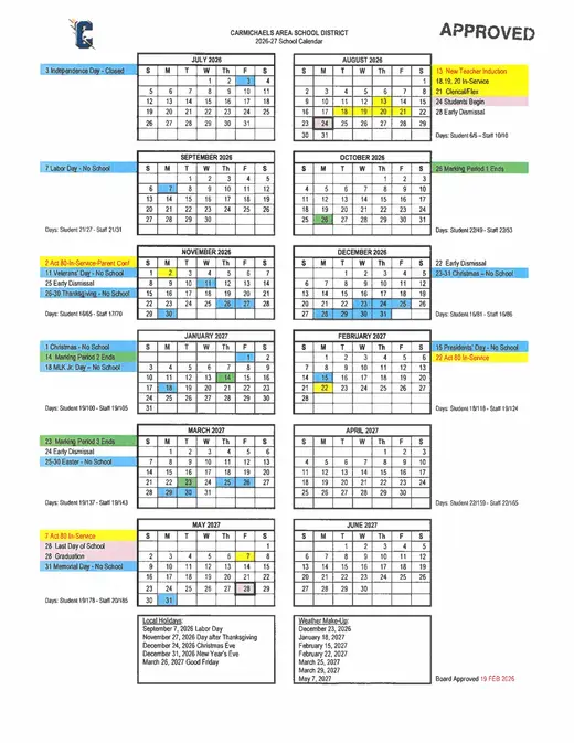 Carmichaels Area School District 2026–2027 Academic Calendar Page 1