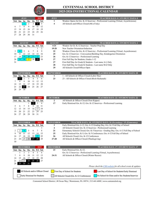 Centennial School District 2025–2026 Academic Calendar Page 1