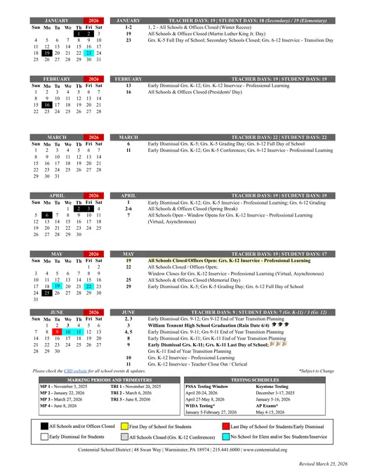 Centennial School District 2025–2026 Academic Calendar Page 2