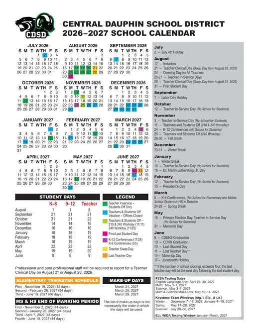 Central Dauphin School District 2026–2027 Academic Calendar