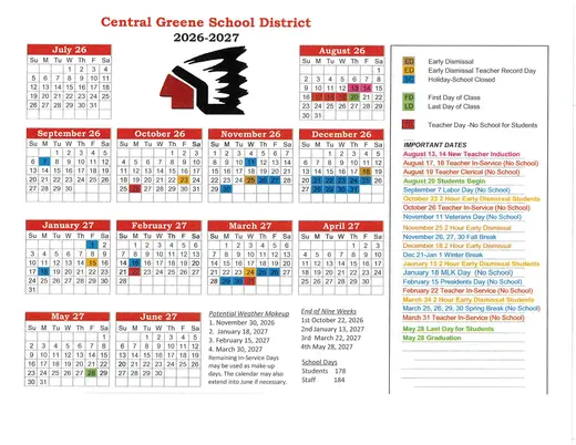Central Greene School District 2026–2027 Academic Calendar Page 1