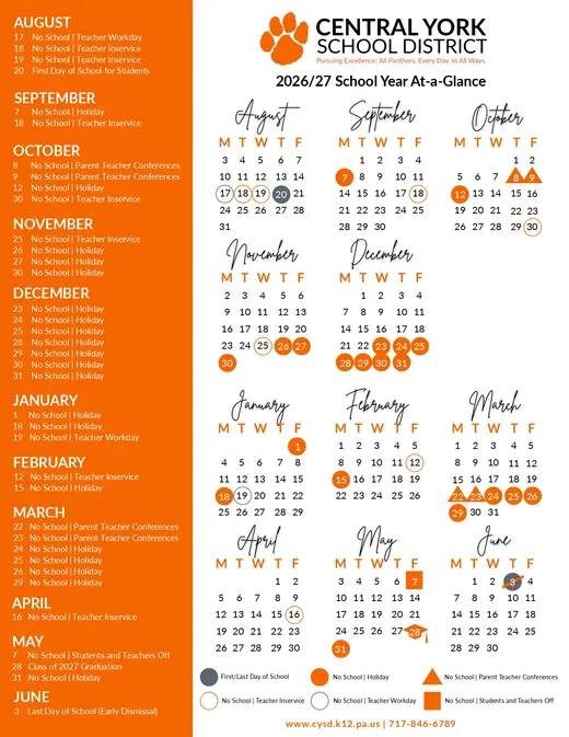 Central York School District 2026–2027 Academic Calendar